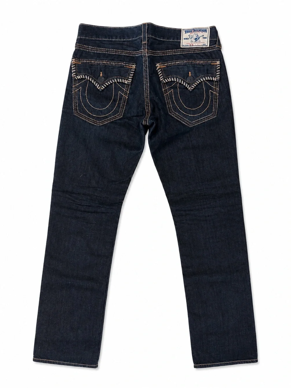 True Religion Men's Indigo Straight Leg Jeans with Contrast Stitching